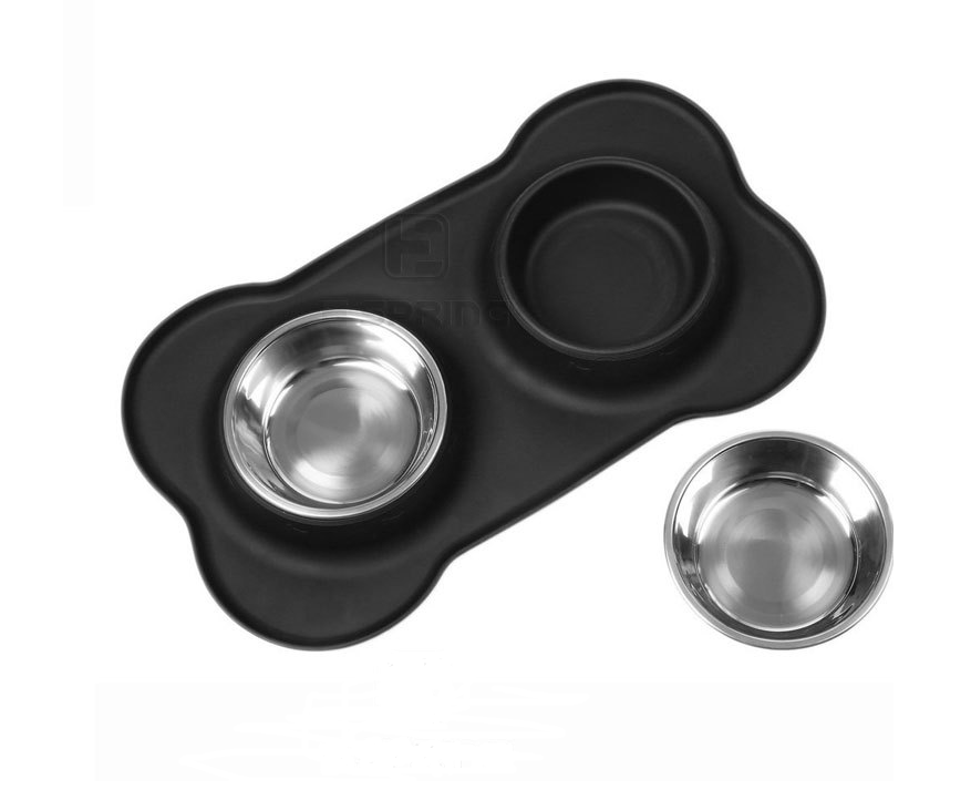 Stainless Steel Pet Cat Dog Bowl Silicone Mat Feeder