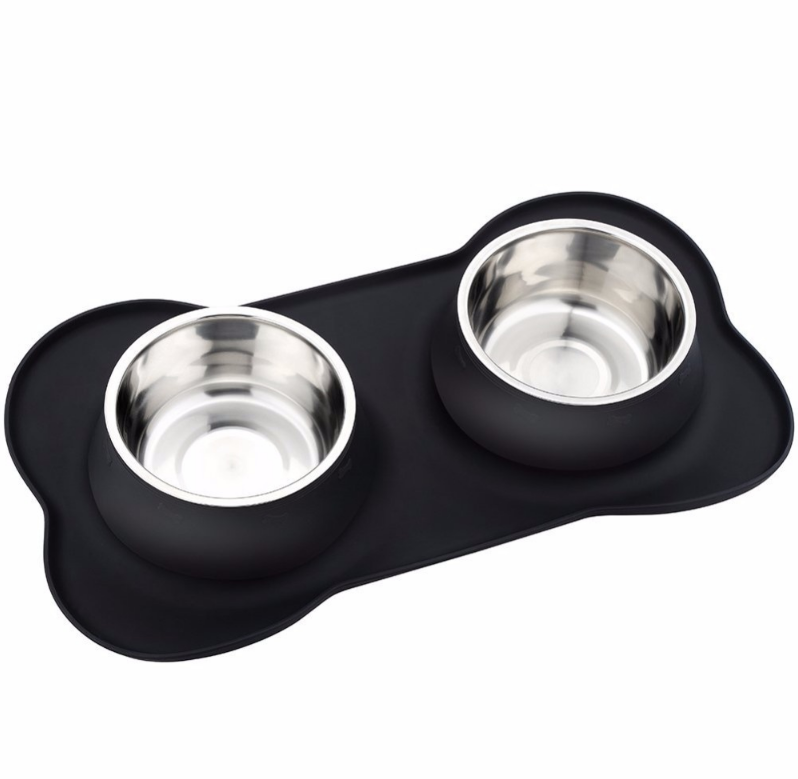 Stainless Steel Pet Cat Dog Bowl Silicone Mat Feeder