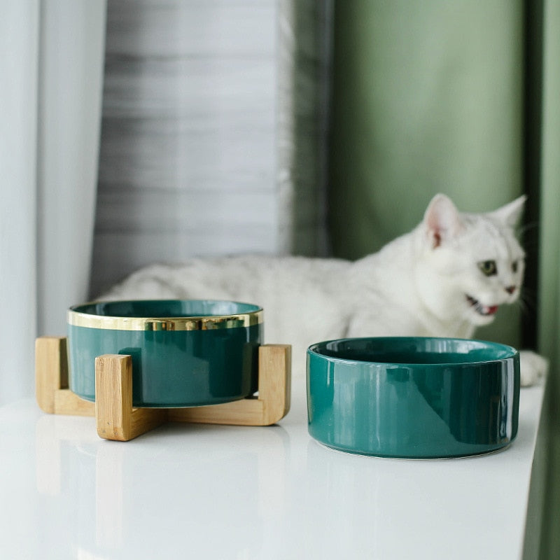 Ceramic Pet Feeder Bowl Set - Bamboo Frame