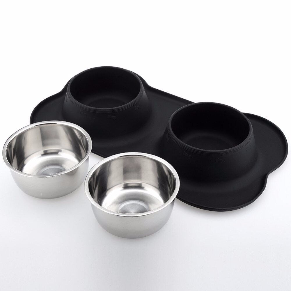 Stainless Steel Pet Cat Dog Bowl Silicone Mat Feeder