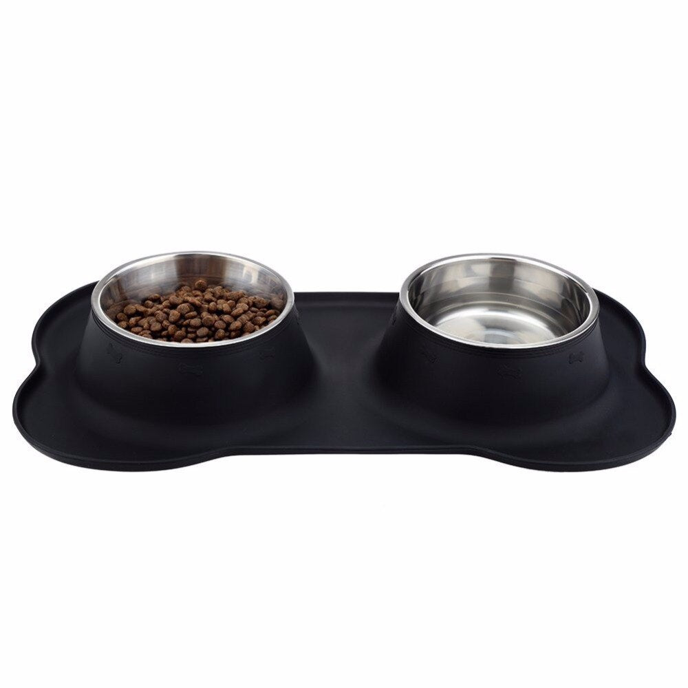 Stainless Steel Pet Cat Dog Bowl Silicone Mat Feeder